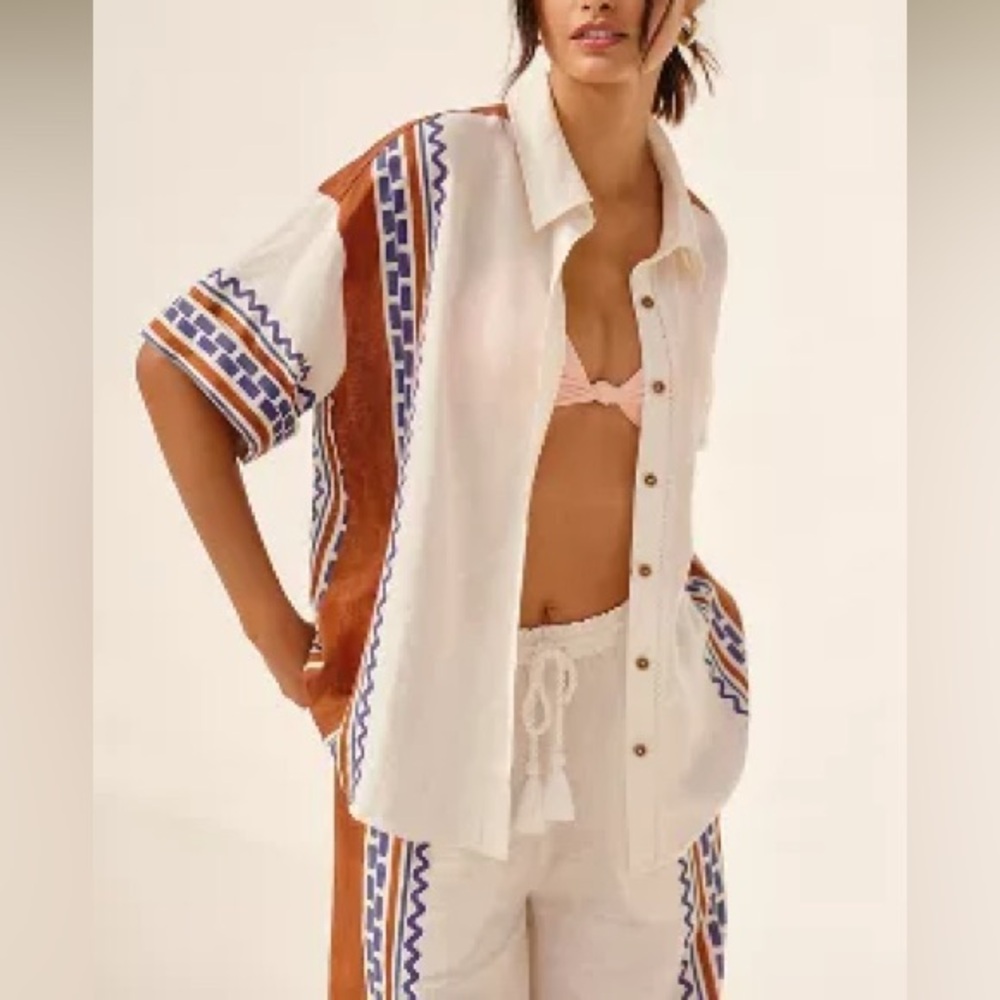 BY ANTHROPOLOGIE SHORT-SLEEVE PRINTED LINEN BUTTONDOWN SHIRT
